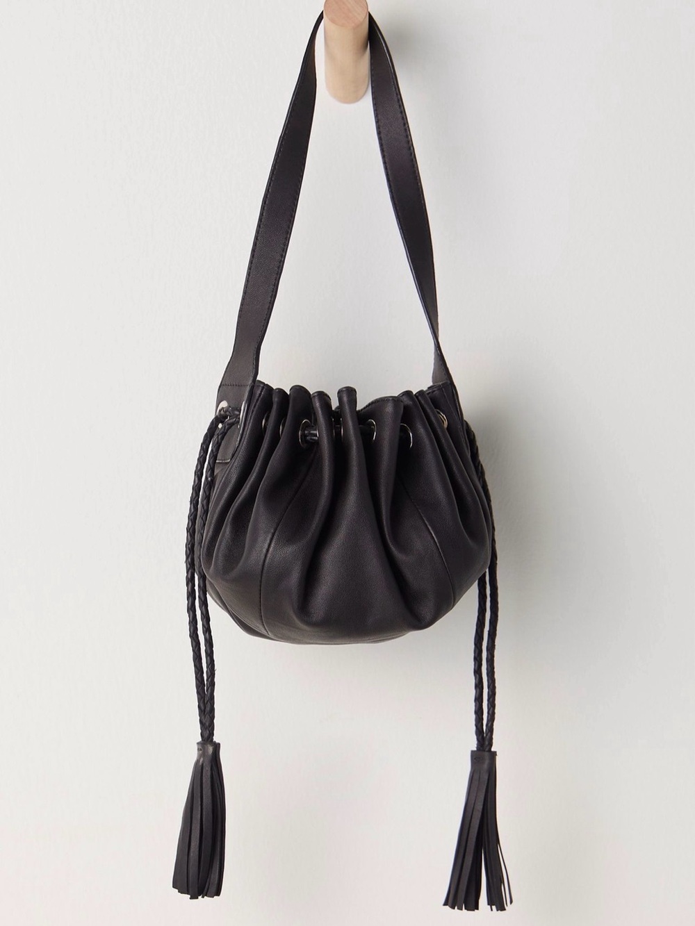 Free People Black Braided Tassel Drawstring Bucket Bag